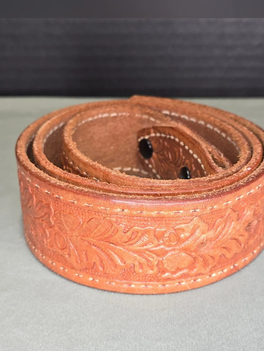Vintage Tooled Leather Western Belt Strap Brown Floral No Buckle